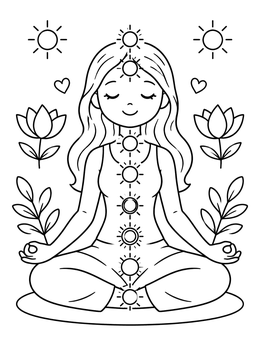 Free printable Peaceful Girl Meditating With Chakras coloring page