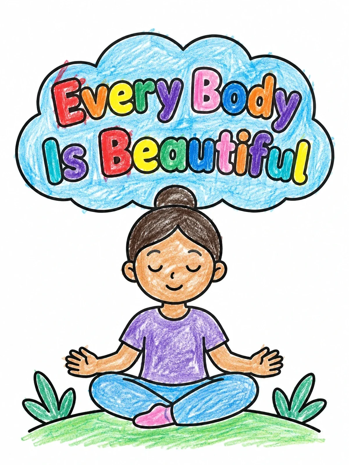 Colored example of the Peaceful Meditation Every Body Is Beautiful coloring page