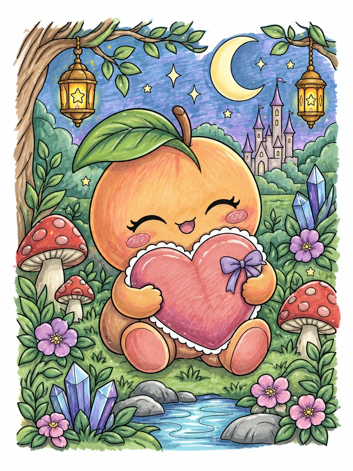 Colored example of the Cute Chibi Peach With Heart Pillow coloring page