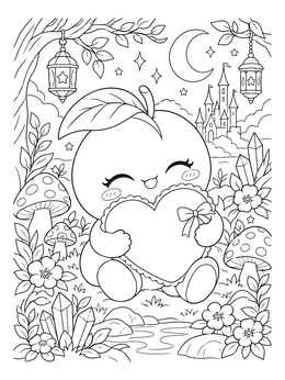 A cheerful chibi peach holds a heart pillow in this fairytale peaches coloring page.