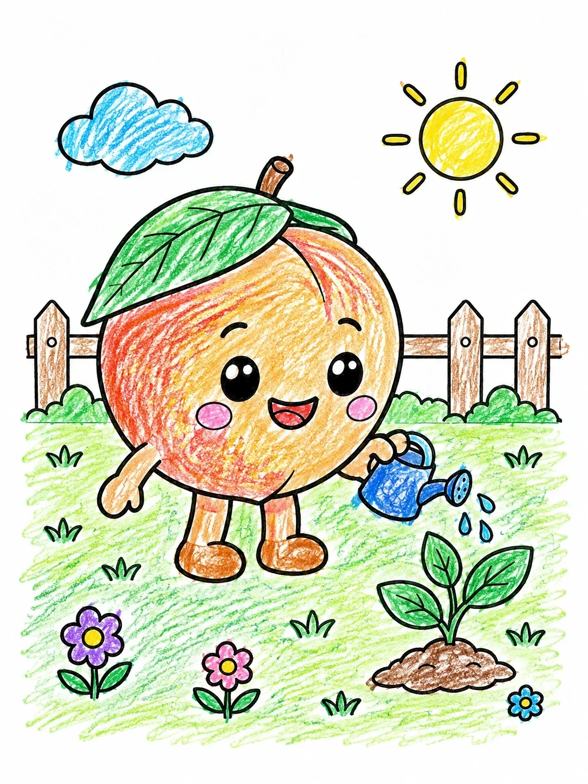 Colored example of the Cute Gardening Peach With Watering Can coloring page
