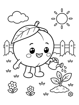 Free printable Cute Gardening Peach With Watering Can coloring page