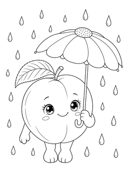 A cute peaches coloring page showing an animated peach holding a flower umbrella in the rain.