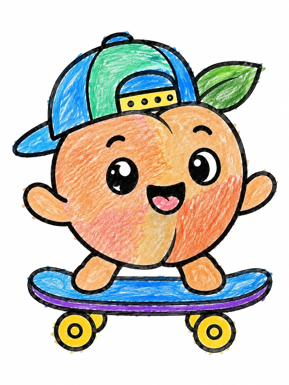 Colored example of the Cute Peach On A Skateboard coloring page