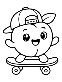 A cheerful cartoon peach riding a skateboard in this peaches coloring page.