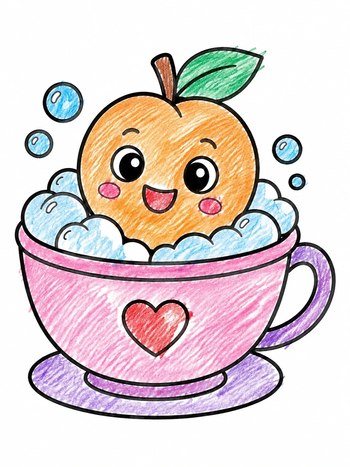 Colored example of the Cute Peach In A Teacup Bath coloring page