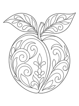 An ornate peaches coloring page featuring elegant scroll patterns and leaves.