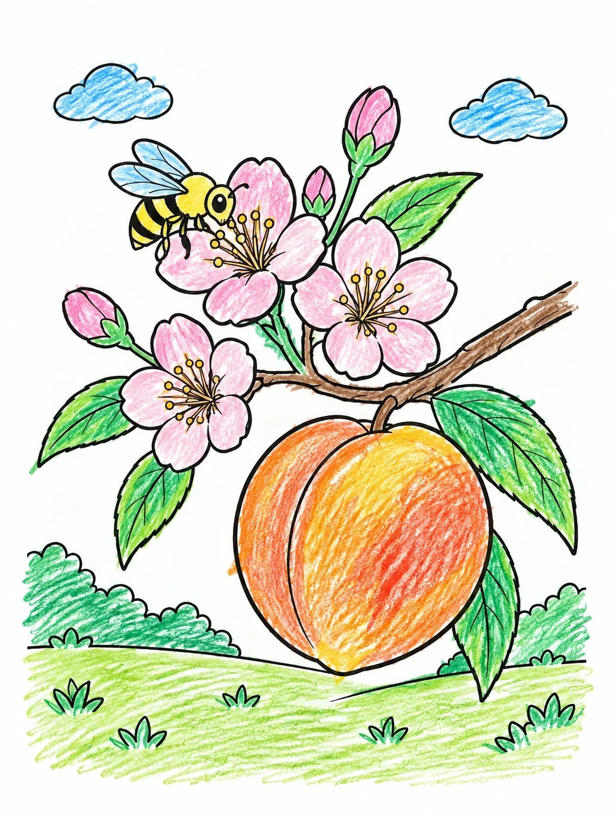 Colored example of the Ripe Peach With Spring Blossoms And Bee coloring page
