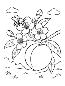 Free printable Ripe Peach With Spring Blossoms And Bee coloring page