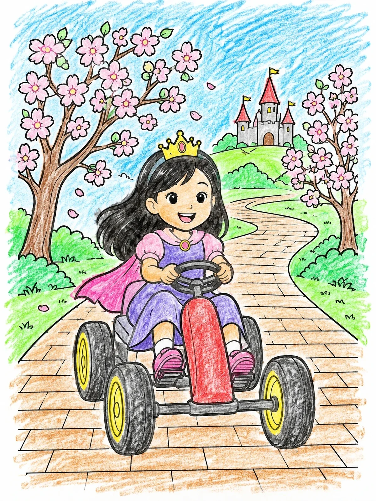 Colored example of the Princess Racing By Peach Blossoms coloring page