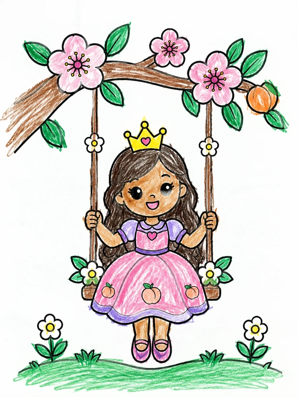 Colored example of the Princess On Peach Blossom Swing coloring page