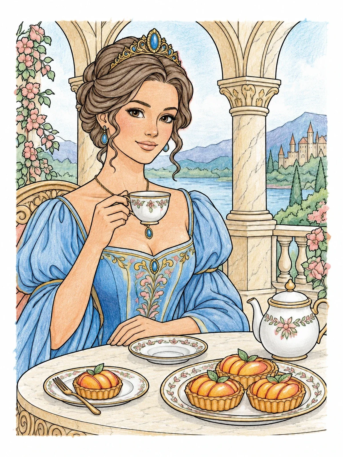 Colored example of the Princess Tea Time With Peach Tarts coloring page