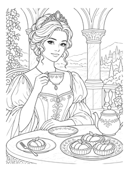 A princess enjoys tea and fruit pastries in this peaches coloring page.