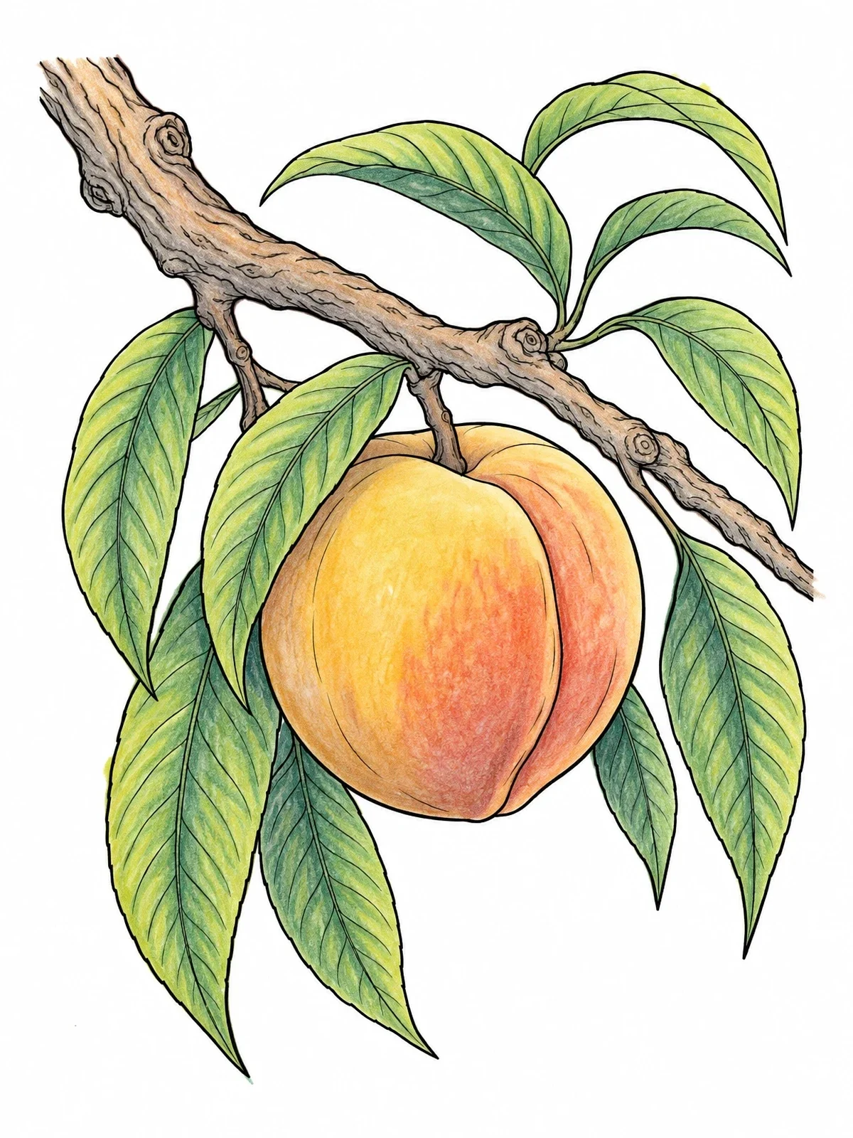 Colored example of the Ripe Peach On Tree Branch coloring page