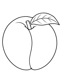 A simple outline illustration in this peaches coloring page featuring a whole fruit with stem and leaf.