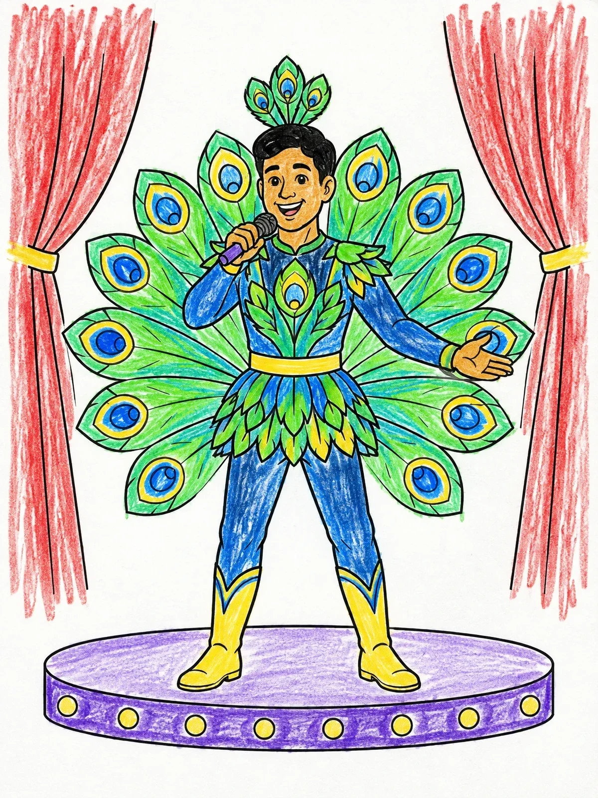 Colored example of the Peacock Costume Stage Singer coloring page