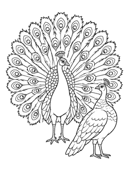 A detailed peacock coloring page showing a male displaying his tail feathers beside a peahen.