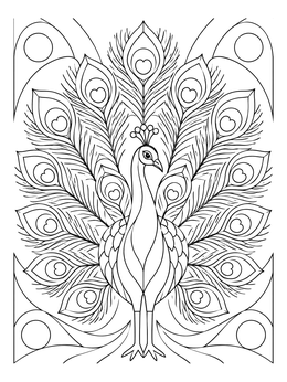A peacock displays its ornate plumage in this feather coloring page.