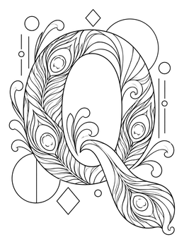 A detailed letter Q coloring page decorated with intricate peacock feathers and flourishes.