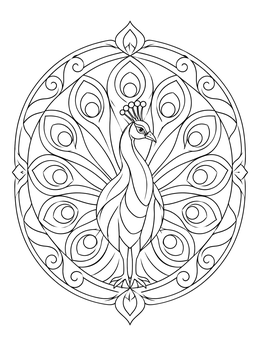 A decorative peacock coloring page inside an ornate circular mandala frame with detailed feathers.