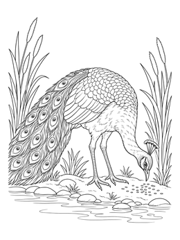 A detailed peacock coloring page showing the bird eating seeds near water and tall reeds.