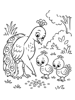 Two cute peachicks look at seeds on this charming peacock coloring page.