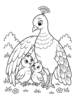A mother bird shields two cute babies in this sweet peacock coloring page.