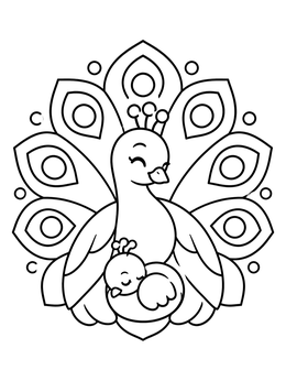 A cute peacock coloring page showing a mother bird with her sleeping chick.