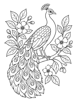 An elegant peacock coloring page featuring detailed tail feathers and blooming tree branches.