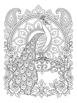 Detailed peacock coloring page featuring an elegant bird on a floral arch.