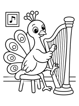 A cute peacock coloring page showing the bird seated on a stool playing a harp.