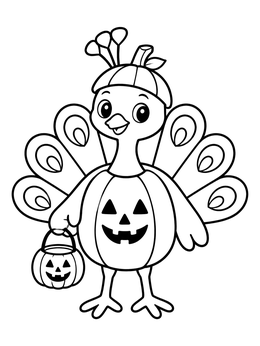 Cute cartoon peacock coloring page dressed up as a jack-o'-lantern holding a treat bucket.