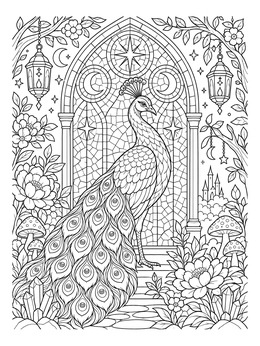 An ornate peacock coloring page with a stained glass archway and flowers.