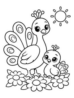 Free printable Peacock With Cute Chick In Flowers coloring page