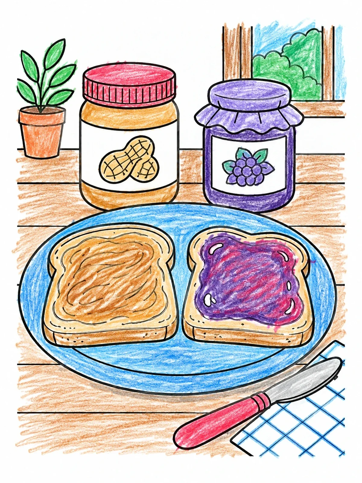 Colored example of the Peanut Butter And Jelly Sandwich coloring page