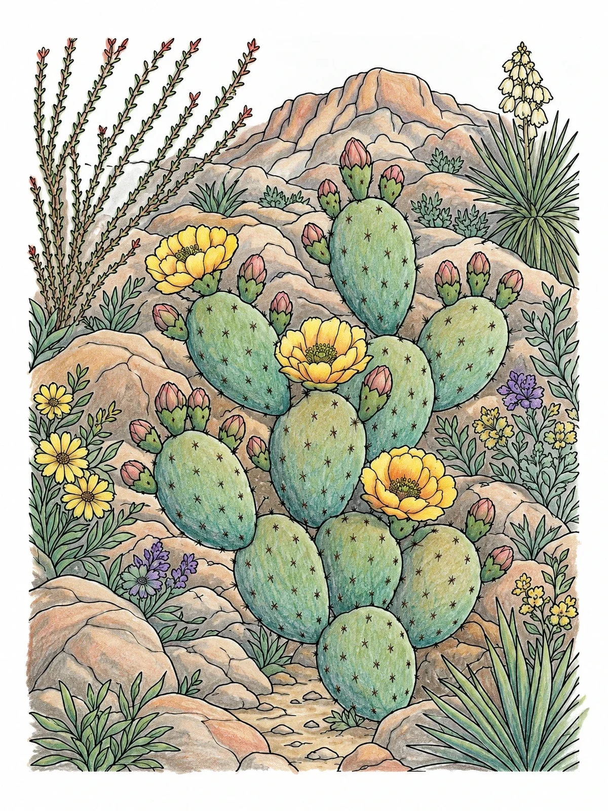 Colored example of the Blooming Prickly Pear Cactus In The Desert coloring page