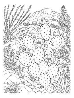 A detailed prickly pears coloring page set among rocky desert hills and blooming wildflowers.