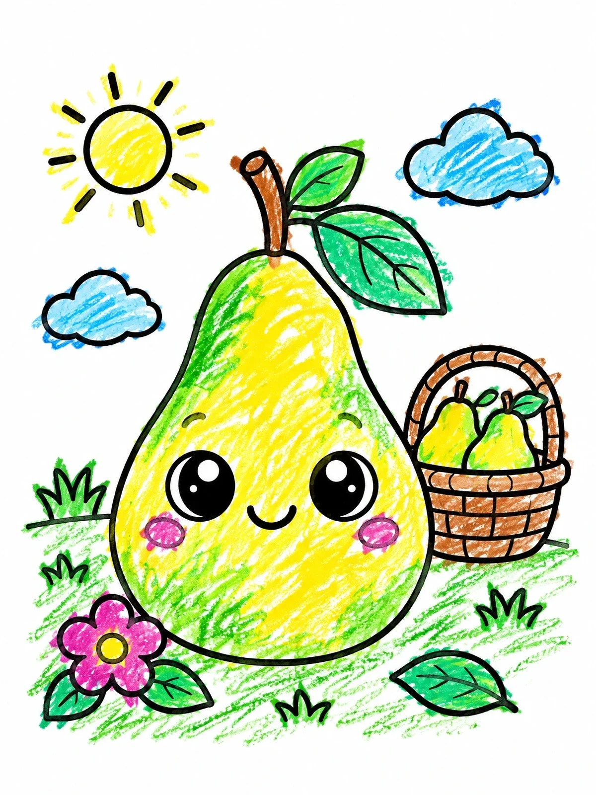 Colored example of the Cute Kawaii Pear In The Meadow coloring page