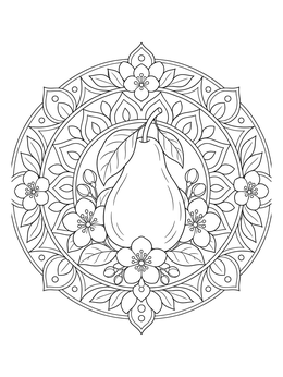 Intricate circular pears coloring page framed by blossoming flowers and ornamental leaves.