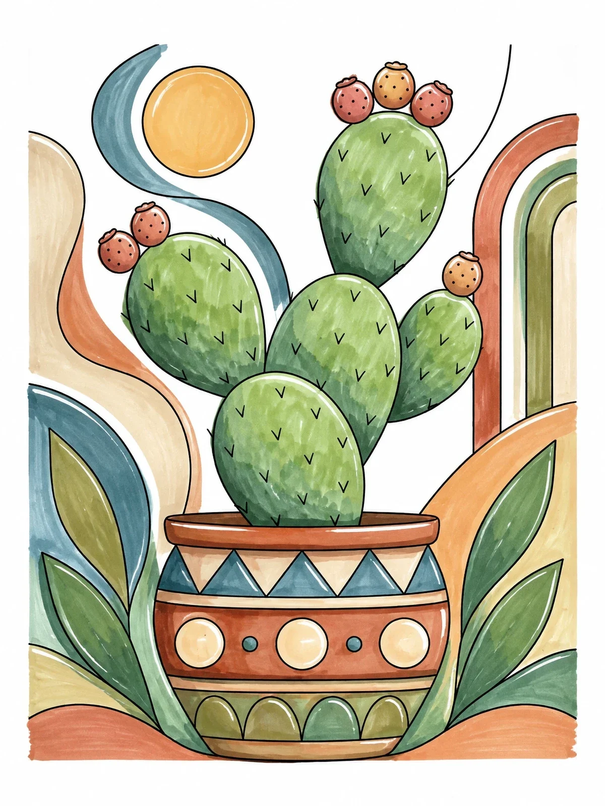 Colored example of the Prickly Pear Cactus In Decorative Pot coloring page