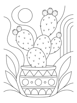 A decorative potted prickly pears coloring page with clean outlines and boho background lines.