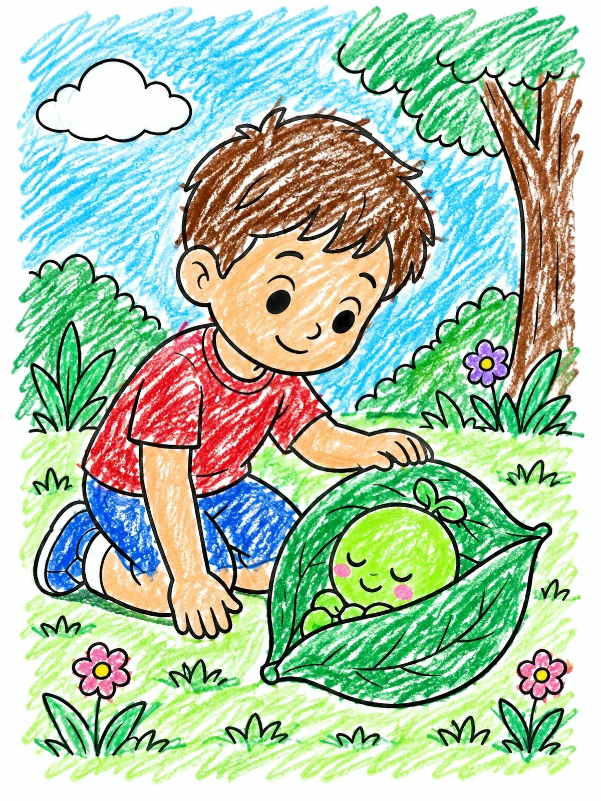 Colored example of the Boy Finding Sleeping Baby Pea coloring page