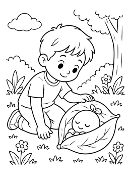 Free printable Boy Finding Sleeping Baby Pea coloring page