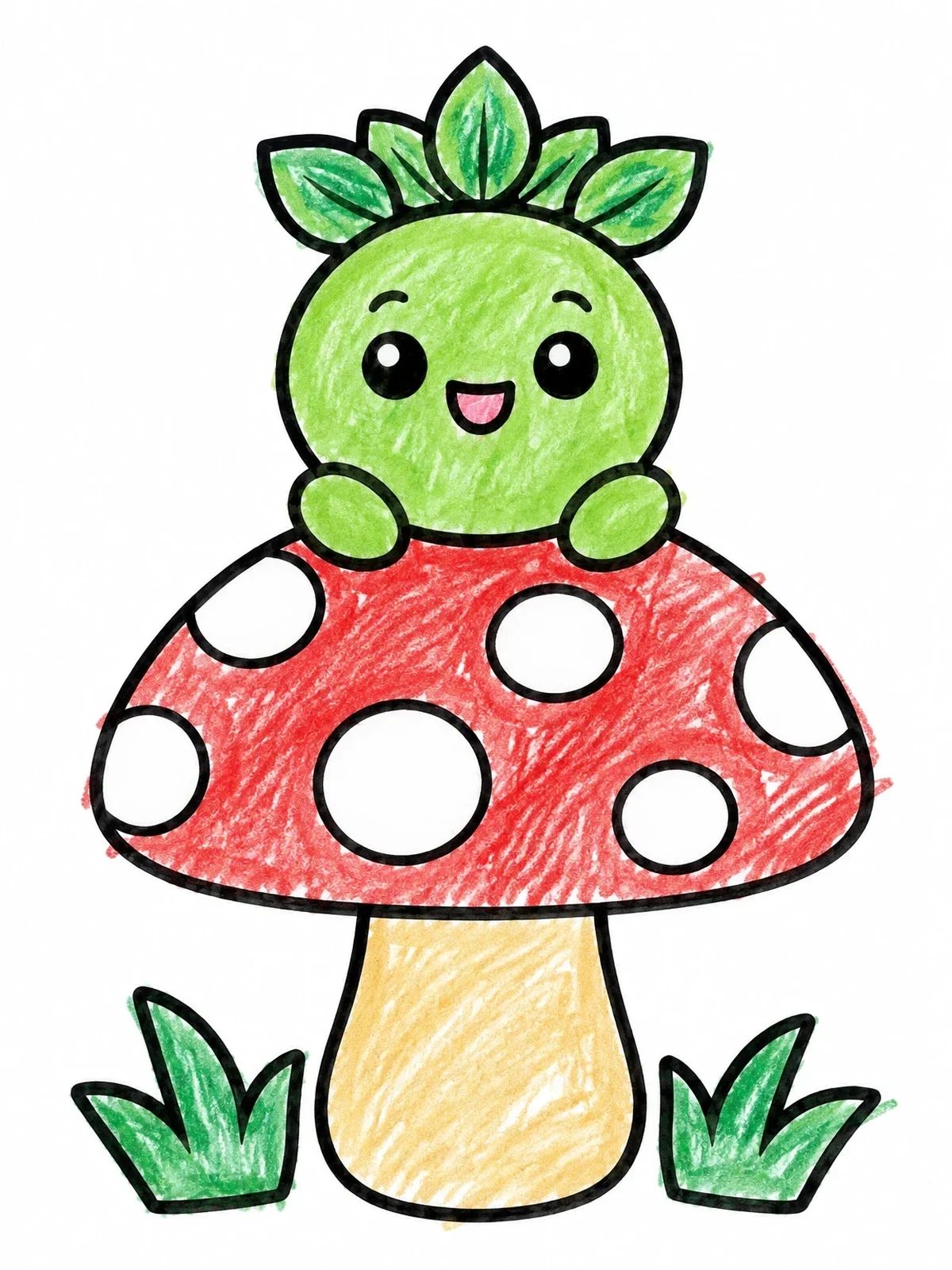 Colored example of the Cute Pea On A Mushroom coloring page