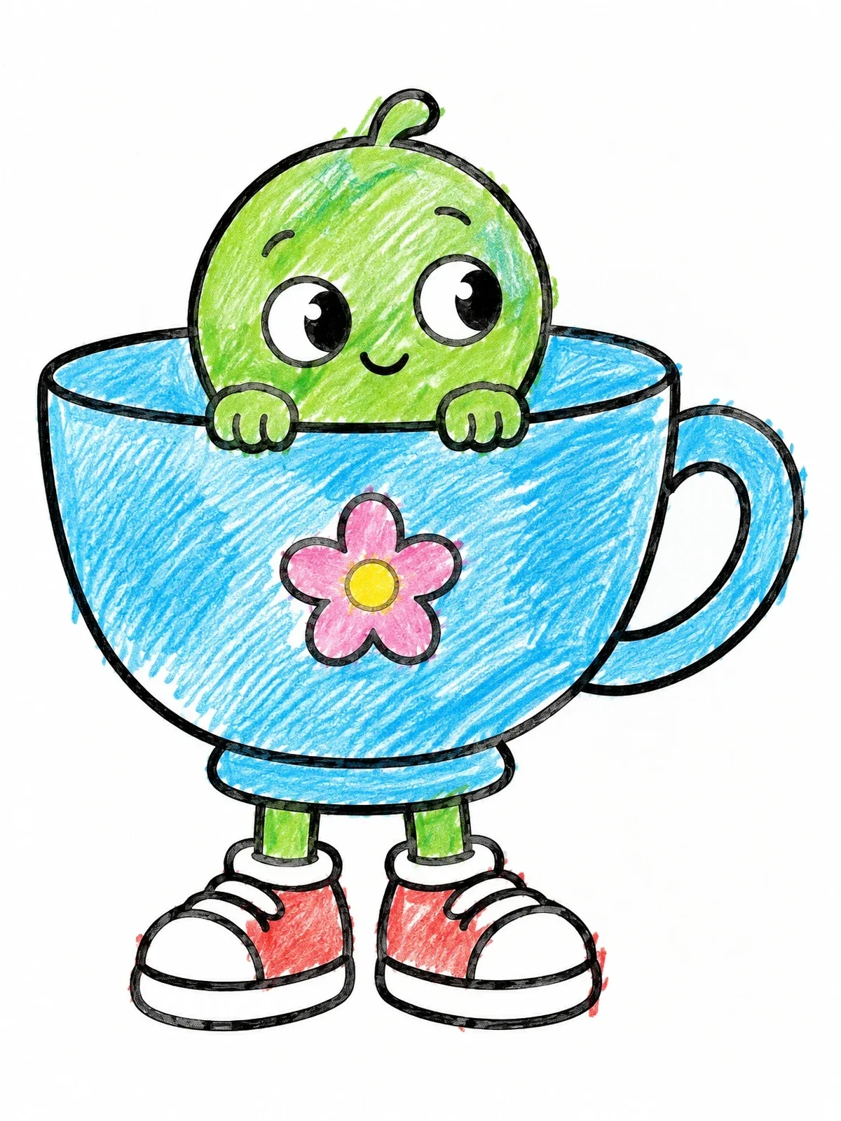 Colored example of the Cute Pea Peeking From Teacup coloring page