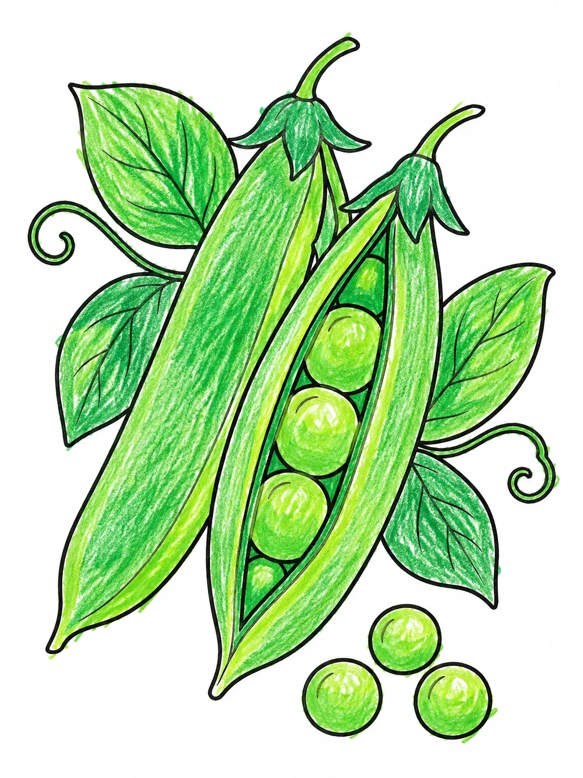 Colored example of the Fresh Pea Pods And Leaves coloring page