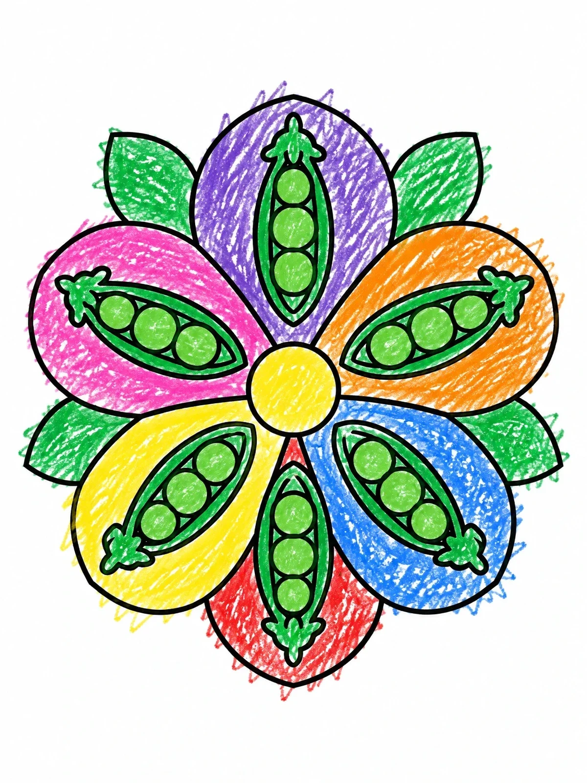 Colored example of the Garden Pea Pod Flower Mandala coloring page