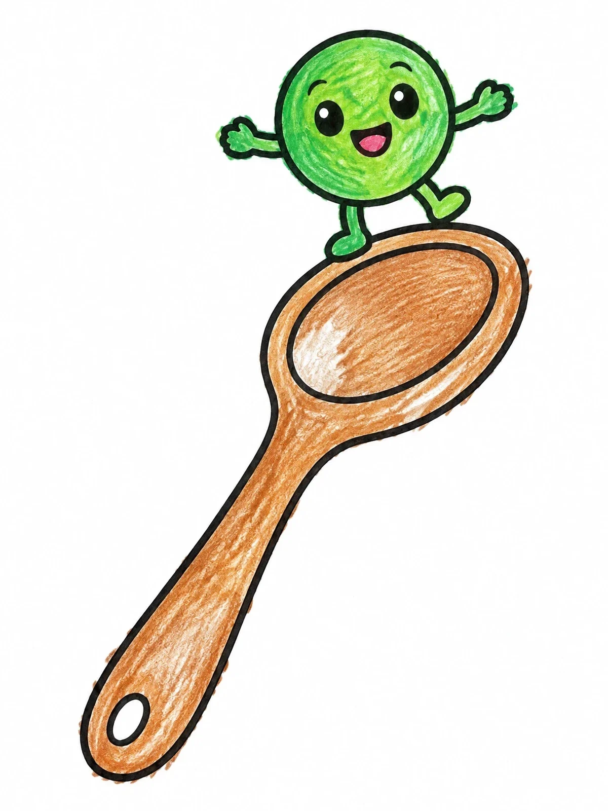 Colored example of the Happy Little Pea On A Spoon coloring page