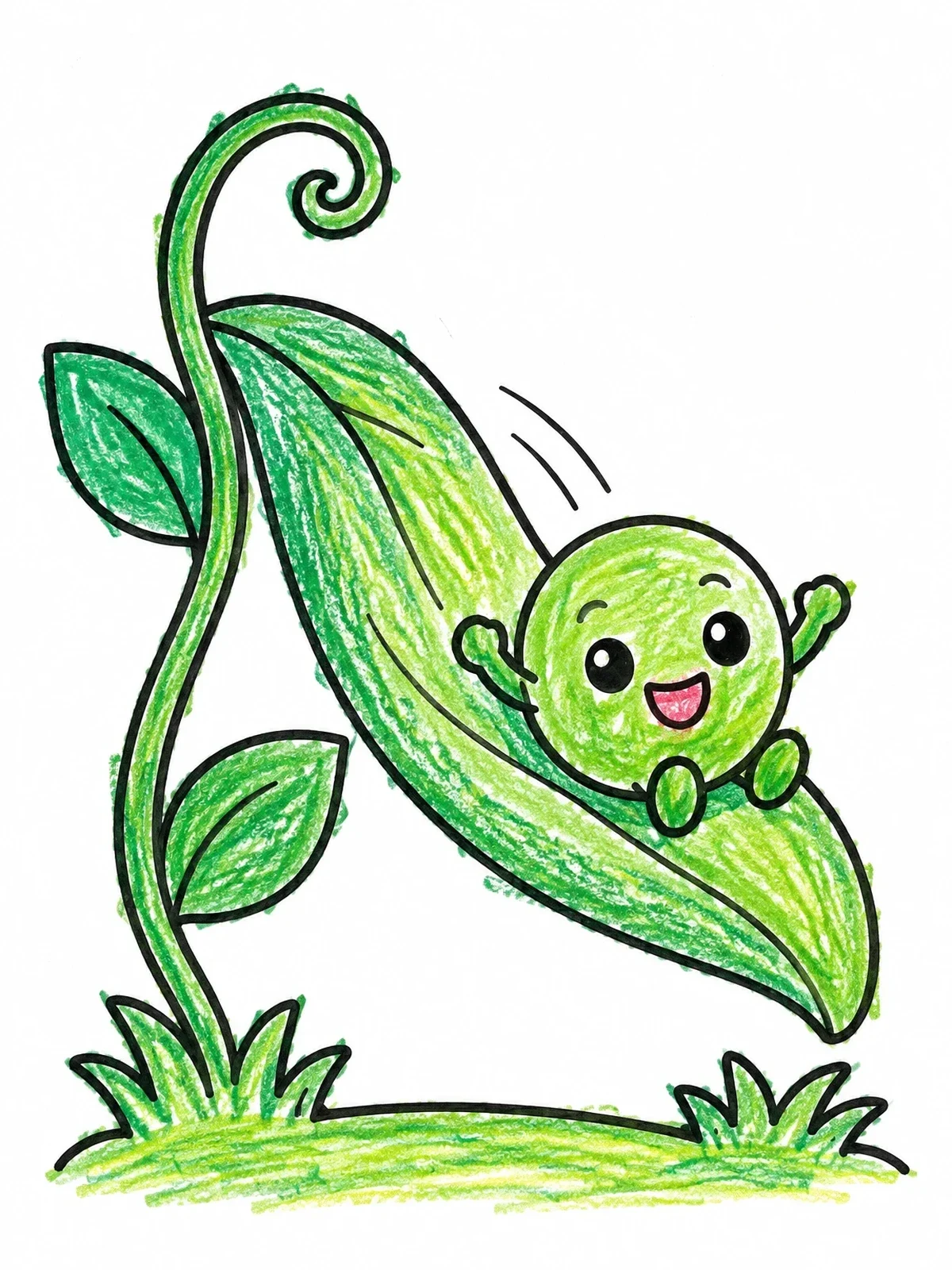 Colored example of the Happy Pea Sliding Down Leaf coloring page