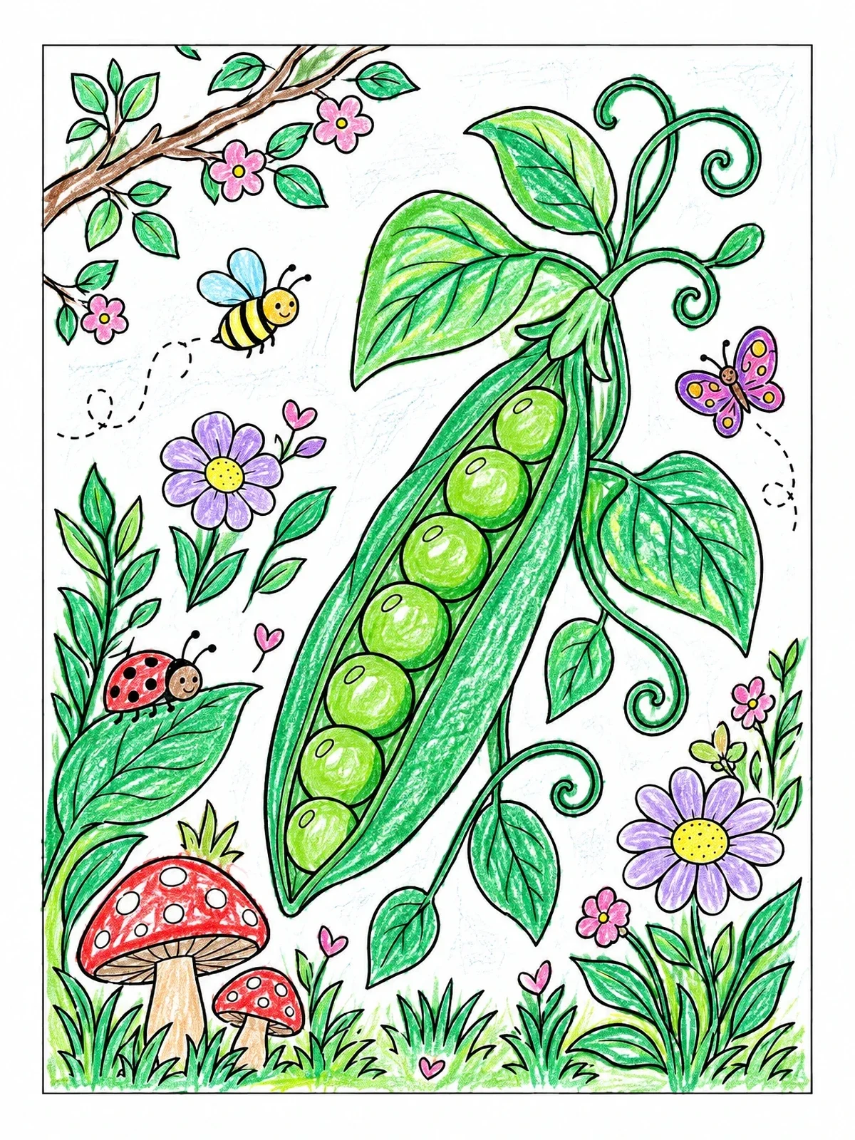 Colored example of the Open Pea Pod In The Garden coloring page